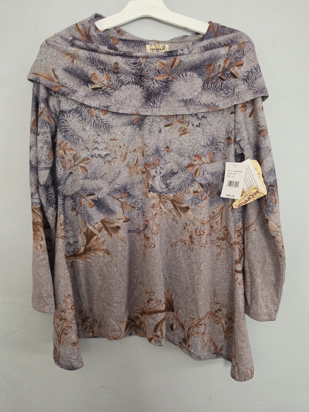 ONE WORLD Lavender Floral Cowl Neck Sweater with Brown Print